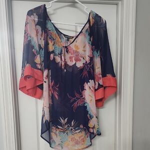 Express Navy and Coral Floral Sheer Blouse
